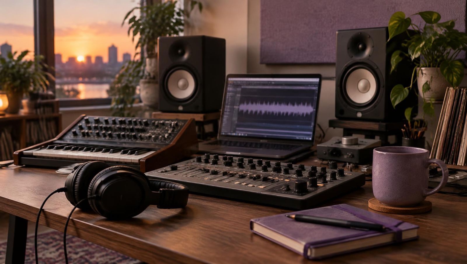 A home music studio desk at sunset with a pair of studio monitor speakers, a laptop showing an audio waveform, an analogue synthesiser, a mixing controller, black headphones, a lavender mug and a purple notebook, beside a window overlooking a city skyline.
