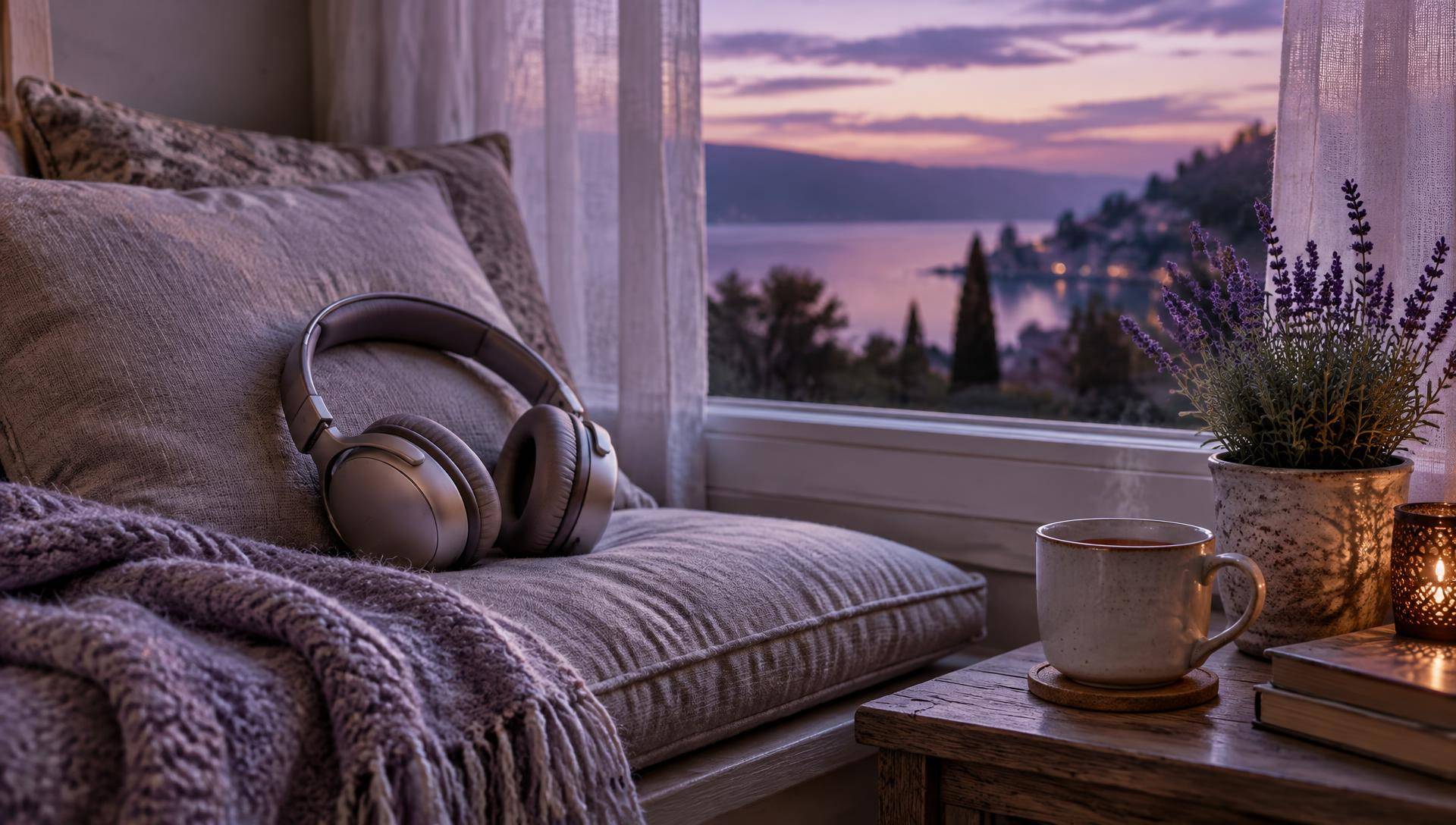 Silver over-ear headphones resting on a grey linen cushion in a window seat at dusk, beside a lavender wool throw, a cup of tea, a potted lavender plant and a candle, with a purple sky over a lake and hillside town beyond the window.