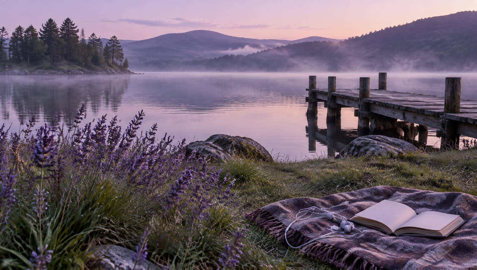 A misty lake at dawn under a soft lavender sky, with wild lavender in the foreground, a weathered wooden jetty, distant wooded hills, and an open notebook and white earphones resting on a woollen blanket on the grass.